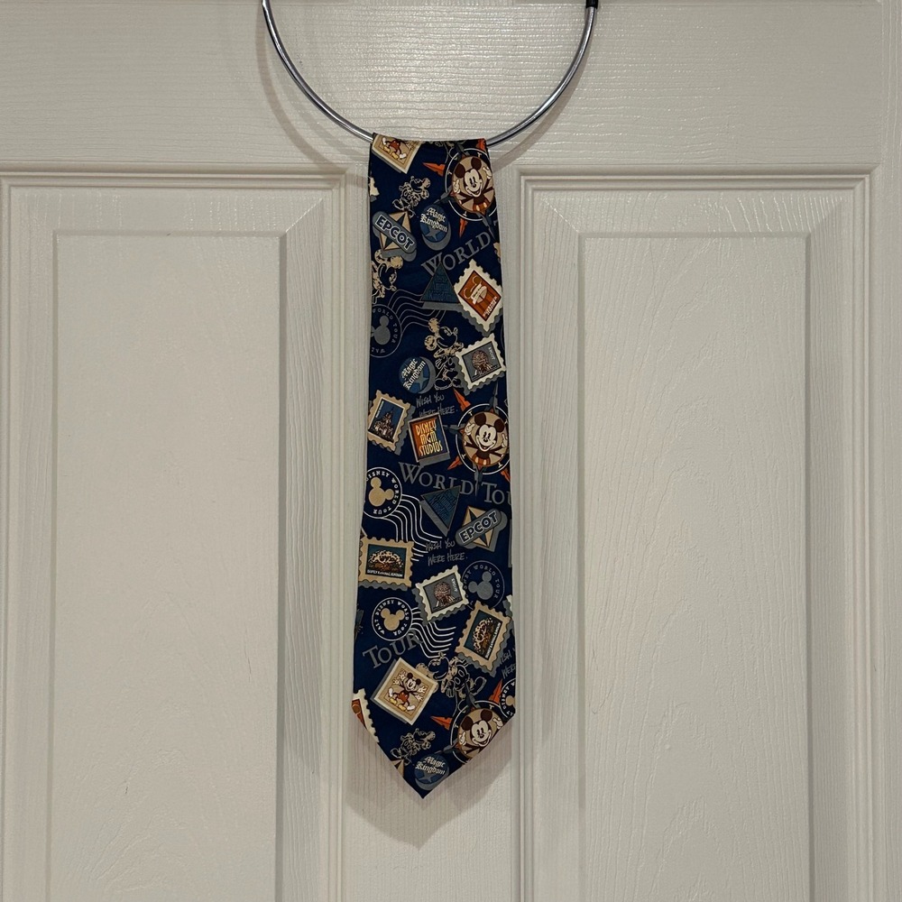 Disney Mickey Inc Mens Silk Tie World Tour Epcot Magic Kingdom Navy Blue Stamp